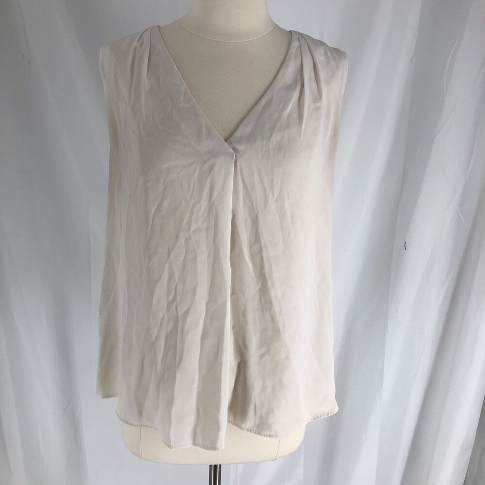 White House Black Market Women's Cream Split V-Neck Sleeveless Blouse Size 8